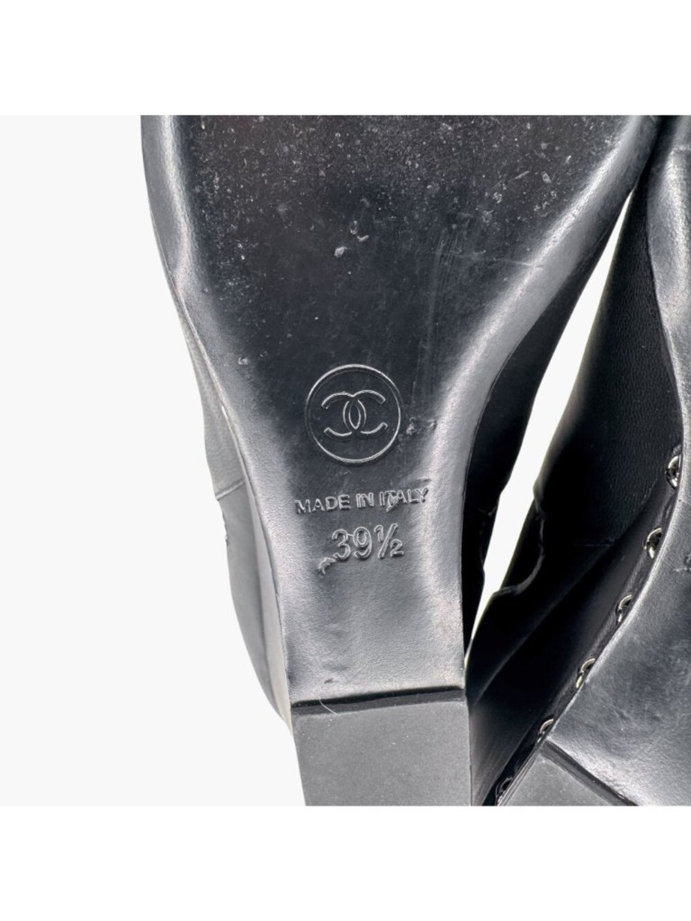 Chanel CC Black Leather Pointed Chain Wedge Ankle Boot Bootie Size 39.5 US 8.5-9 - Picture 13 of 16